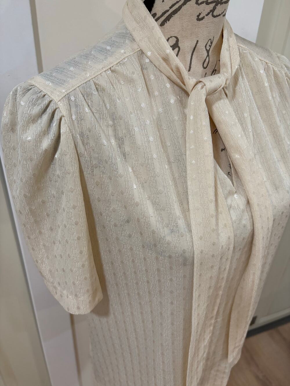 Vintage 80s Devon Cream Dot Twee Blouse Tie Neckline